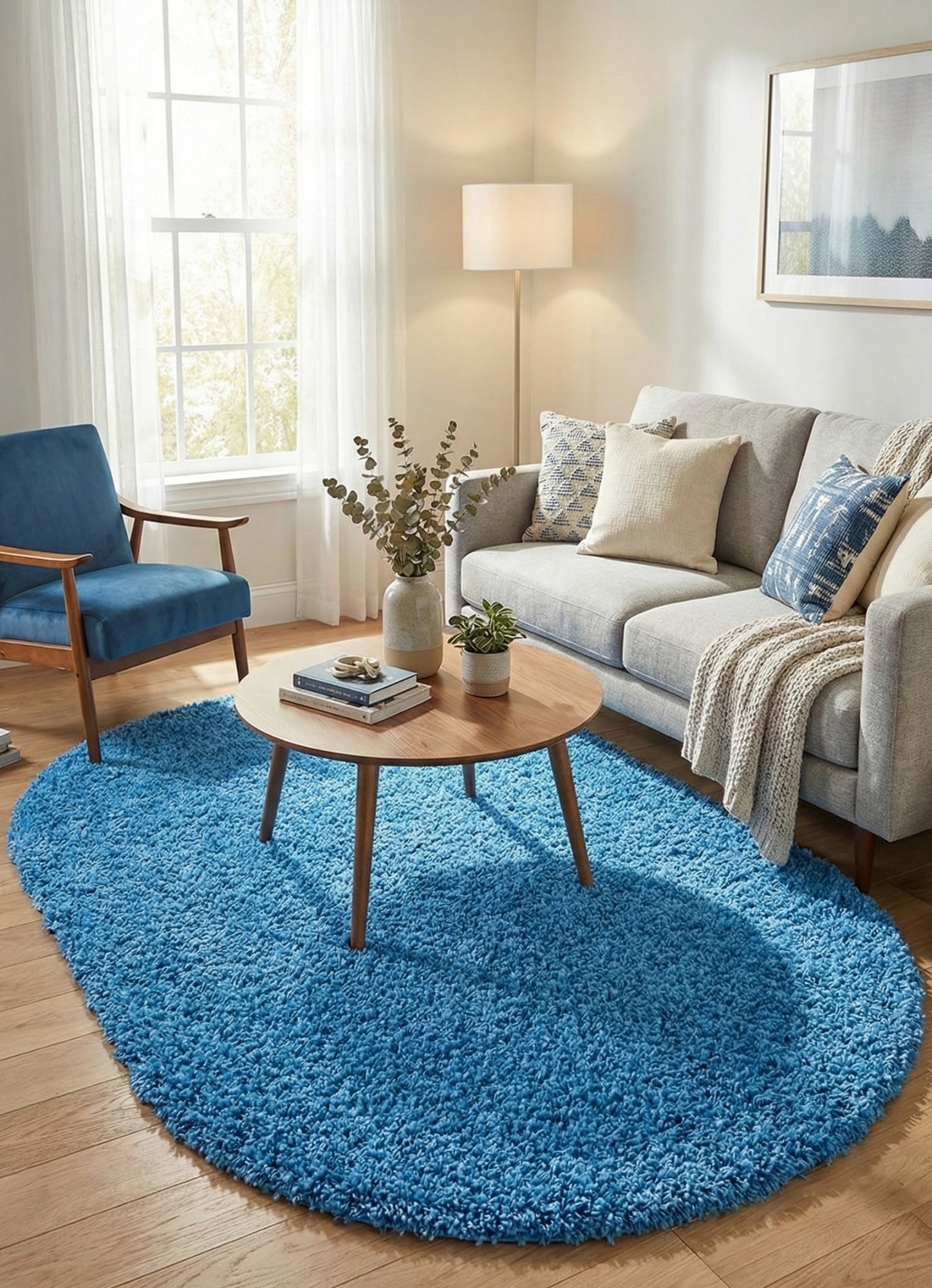 Синій килим з довгим ворсом loca 6365a blue овал